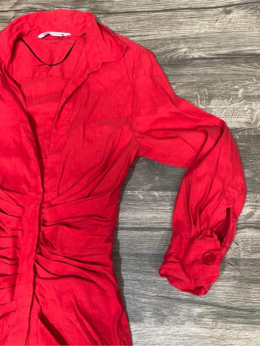 Zara Red Linen Blend Ruched Shirt Dress Size M